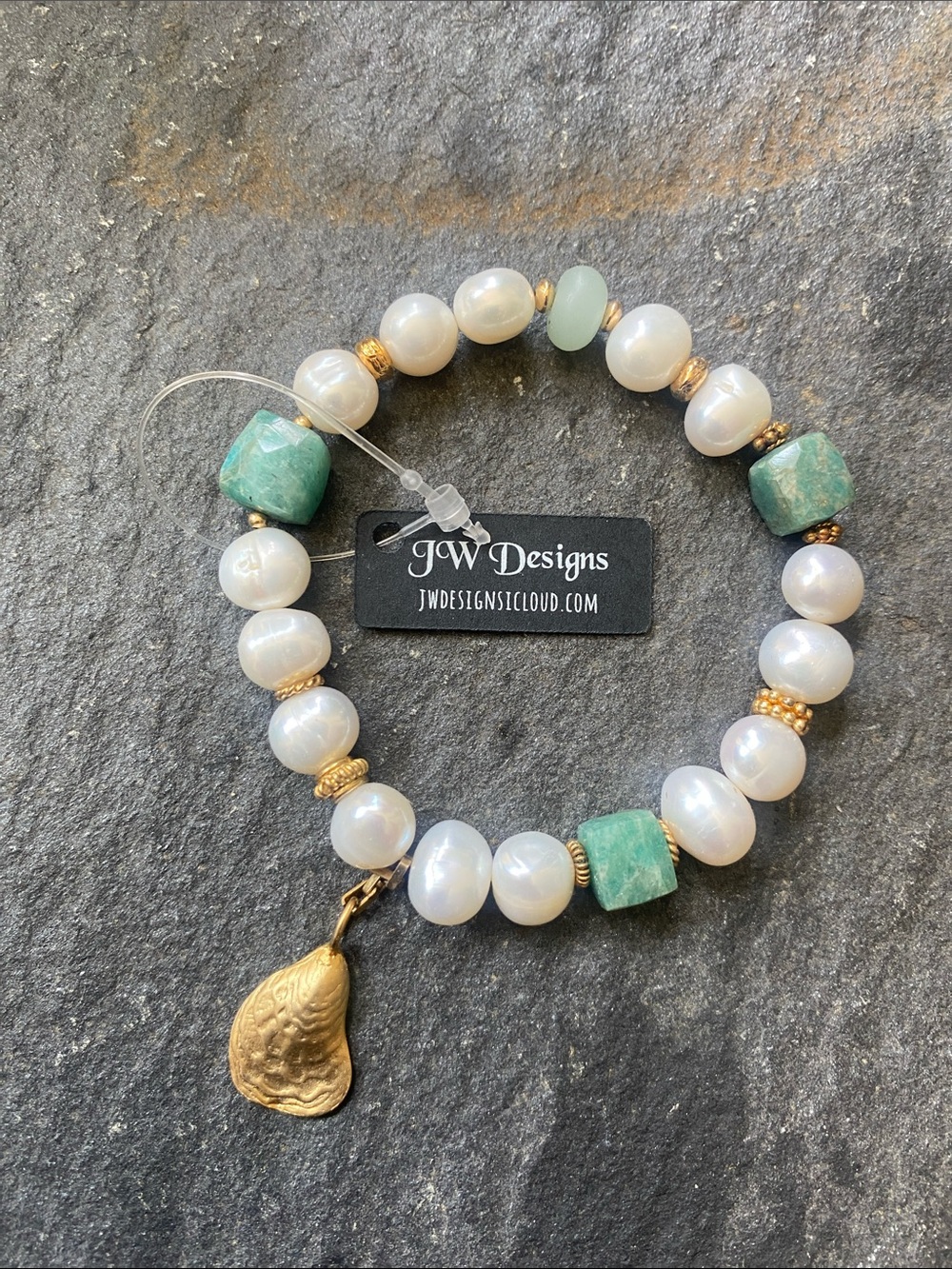 JW Designs White Pearl & Green Stone Bracelet with Gold Teardrop Charm